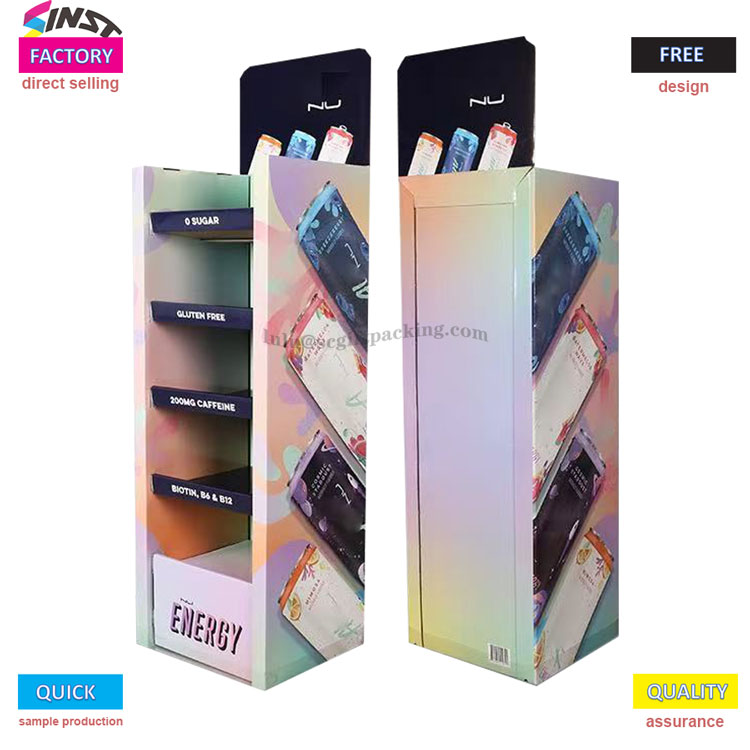 Stojan na vystavení energetických nápojů: pomocí barev a informací vložíte do očí zákazníků „vitalitu“.